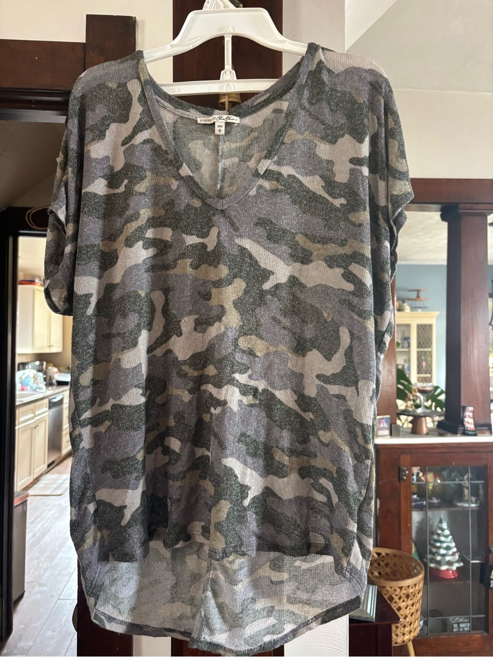 Express Gray & Olive Camo V-Neck Short Sleeve Top